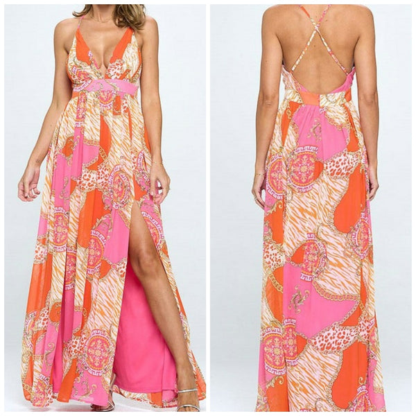 Fashion v neck open back maxi dress