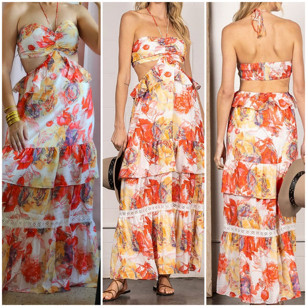 Print halter cut out maxi dress