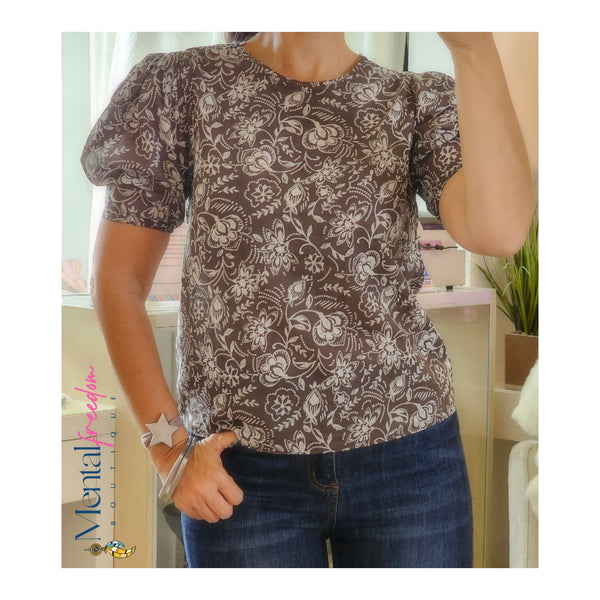 Brown puff sleeve printed top