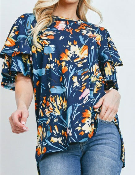 Navy print tshirt blouse